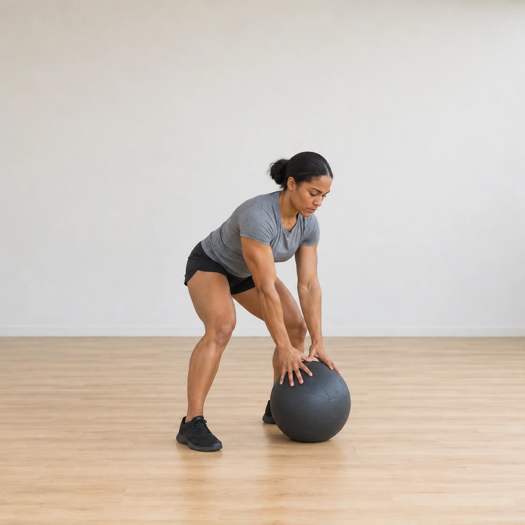 She is landing with the knees soft while the dead ball is being slammed down at the floor in front of her feet, arms extended downward, the impact timed with the landing.
