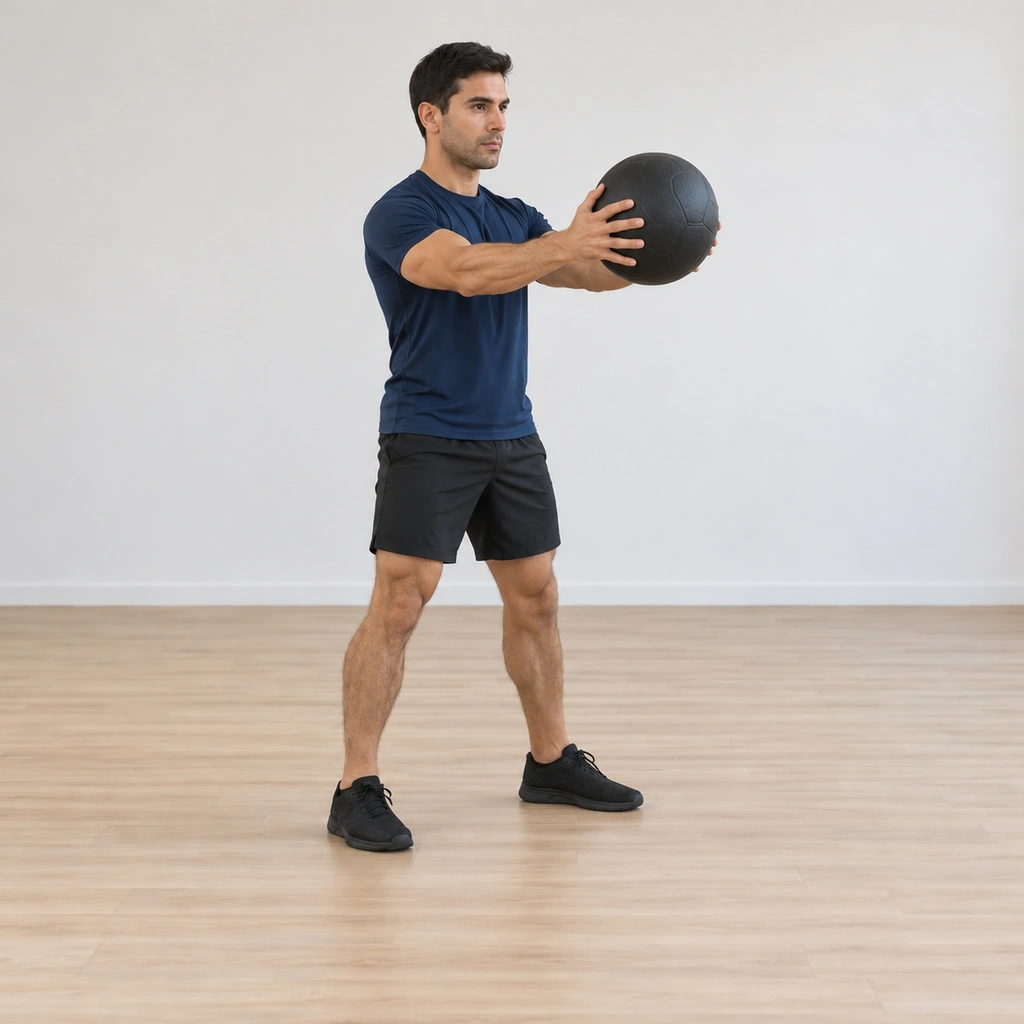 He is extending up out of the squat, lifting the dead ball to about chest height, arms extended as the hips drive through.
