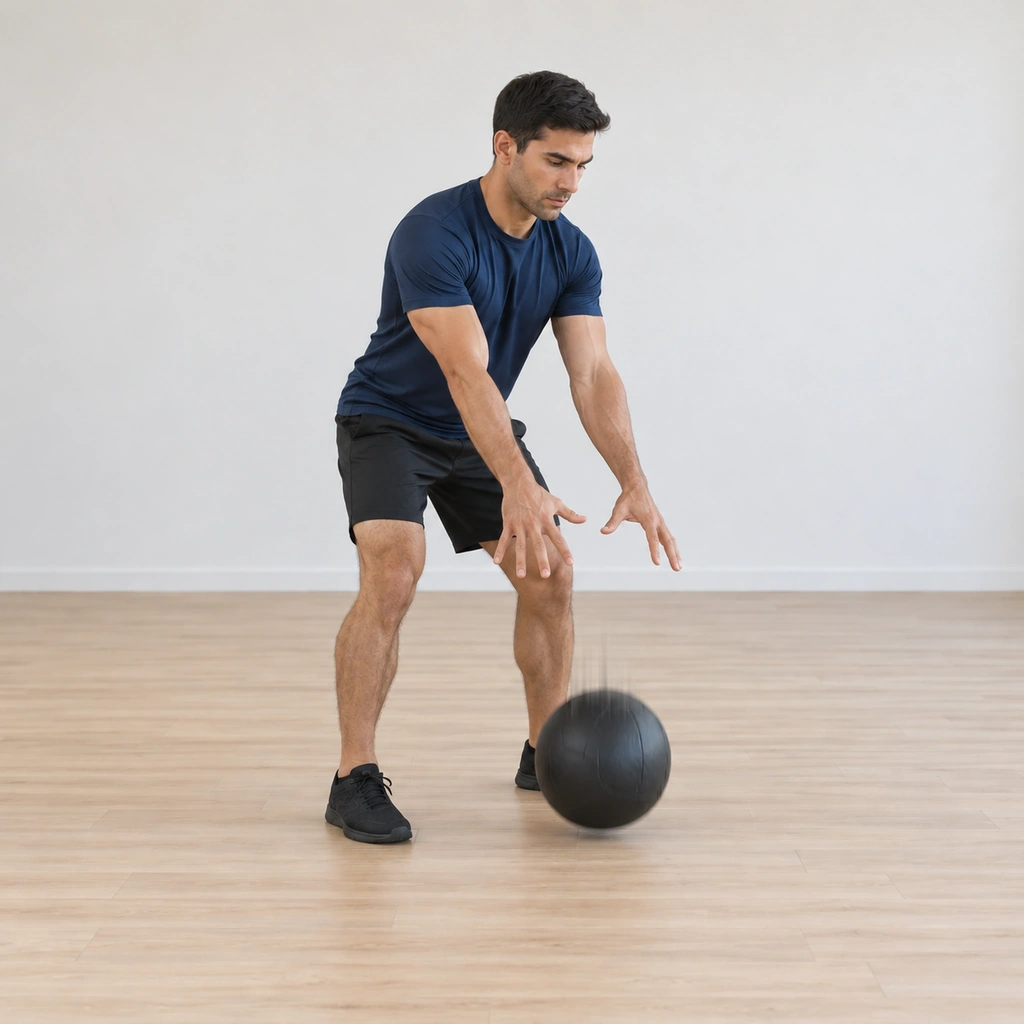 He has thrown the ball hard down toward the floor just ahead of his feet, arms following through downward, knees dipping into the throw.