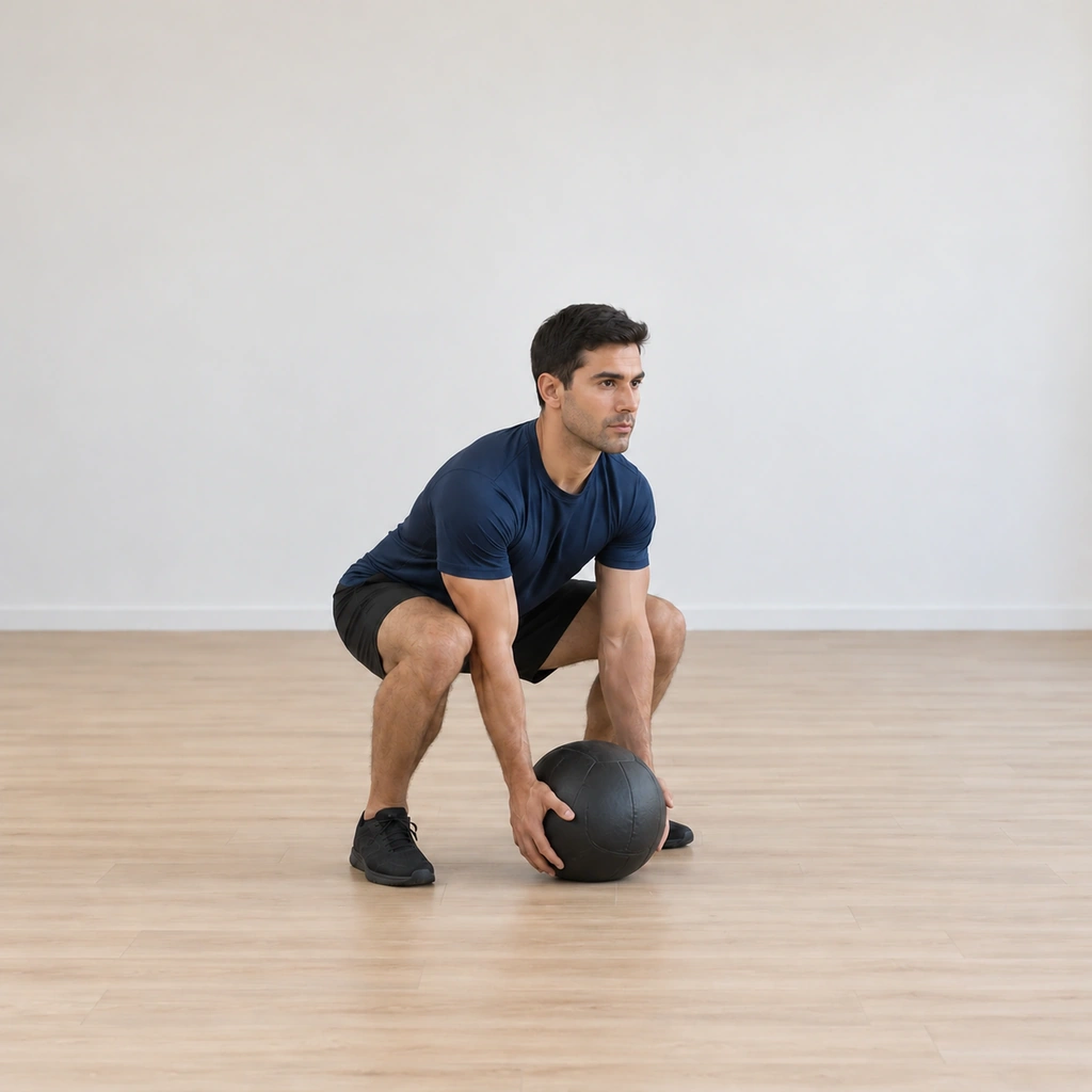 He is folded back into the deep squat, hands reaching for the grounded ball again to begin the next pick, back flat.
