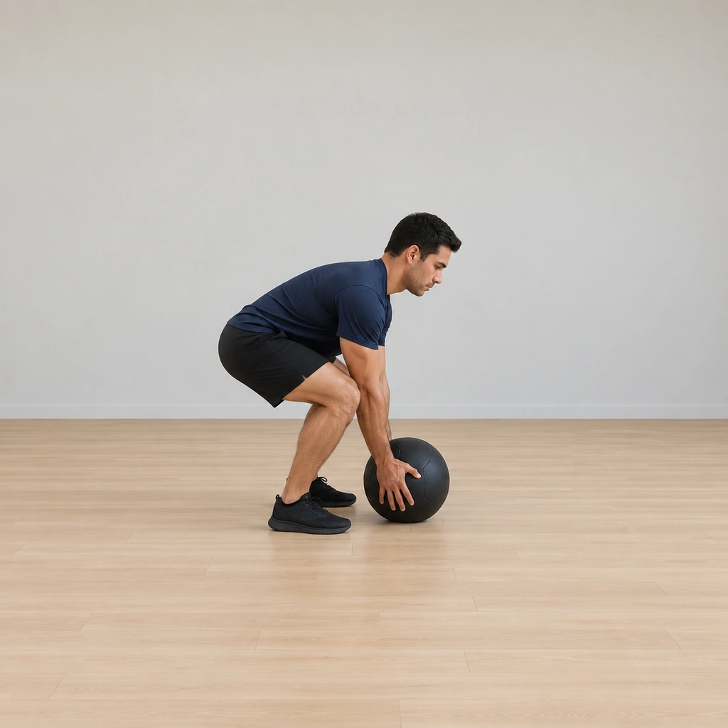 He is hinged over the ball on the floor: knees and hips deeply bent, both hands gripping the sides of the dead ball on the floor between his feet, back flat, eyes ahead.