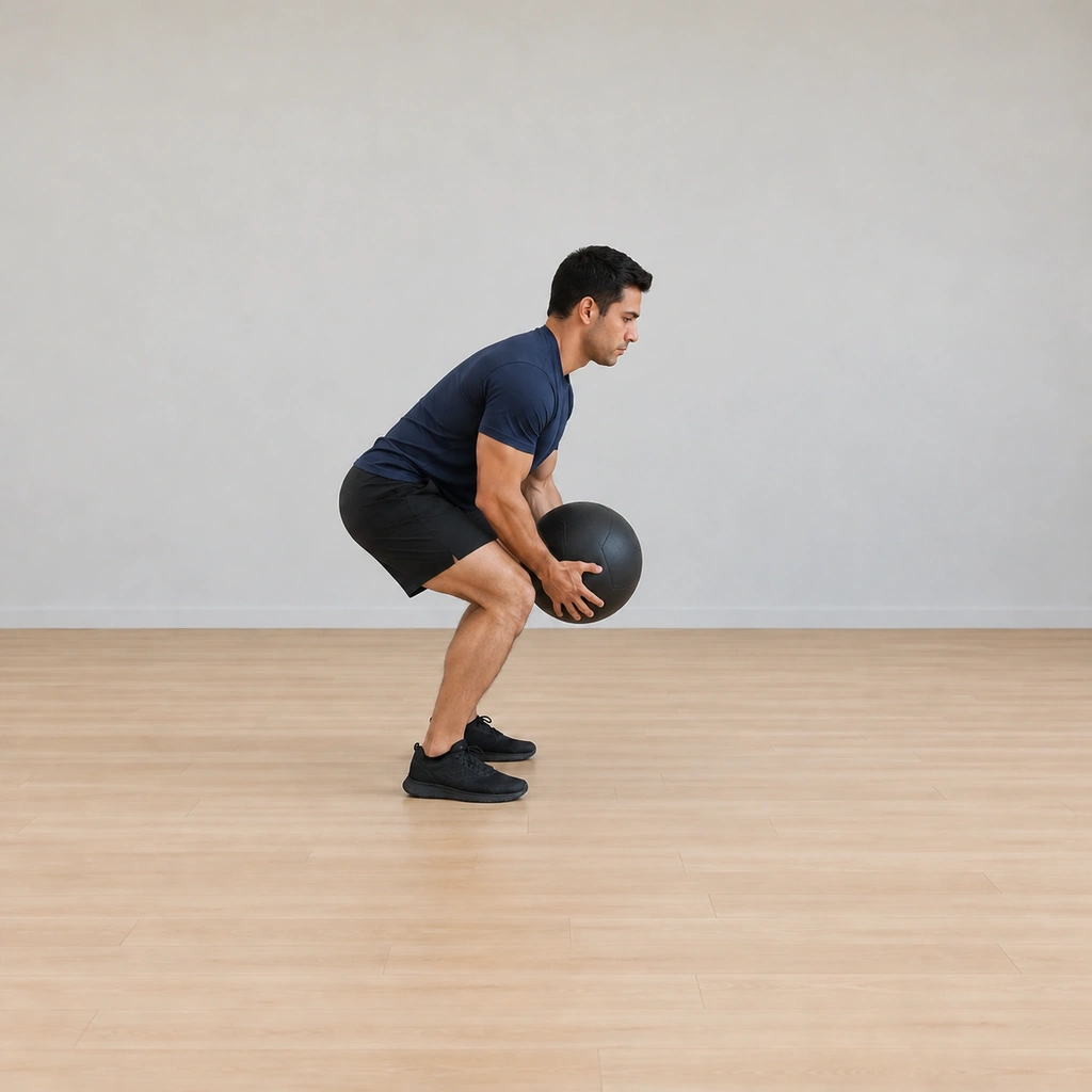 He is mid-lift: hips and knees extending as the dead ball rises off the floor gathered close in front of his hips and rising toward the chest, both arms wrapped under and around it, torso coming tall.
