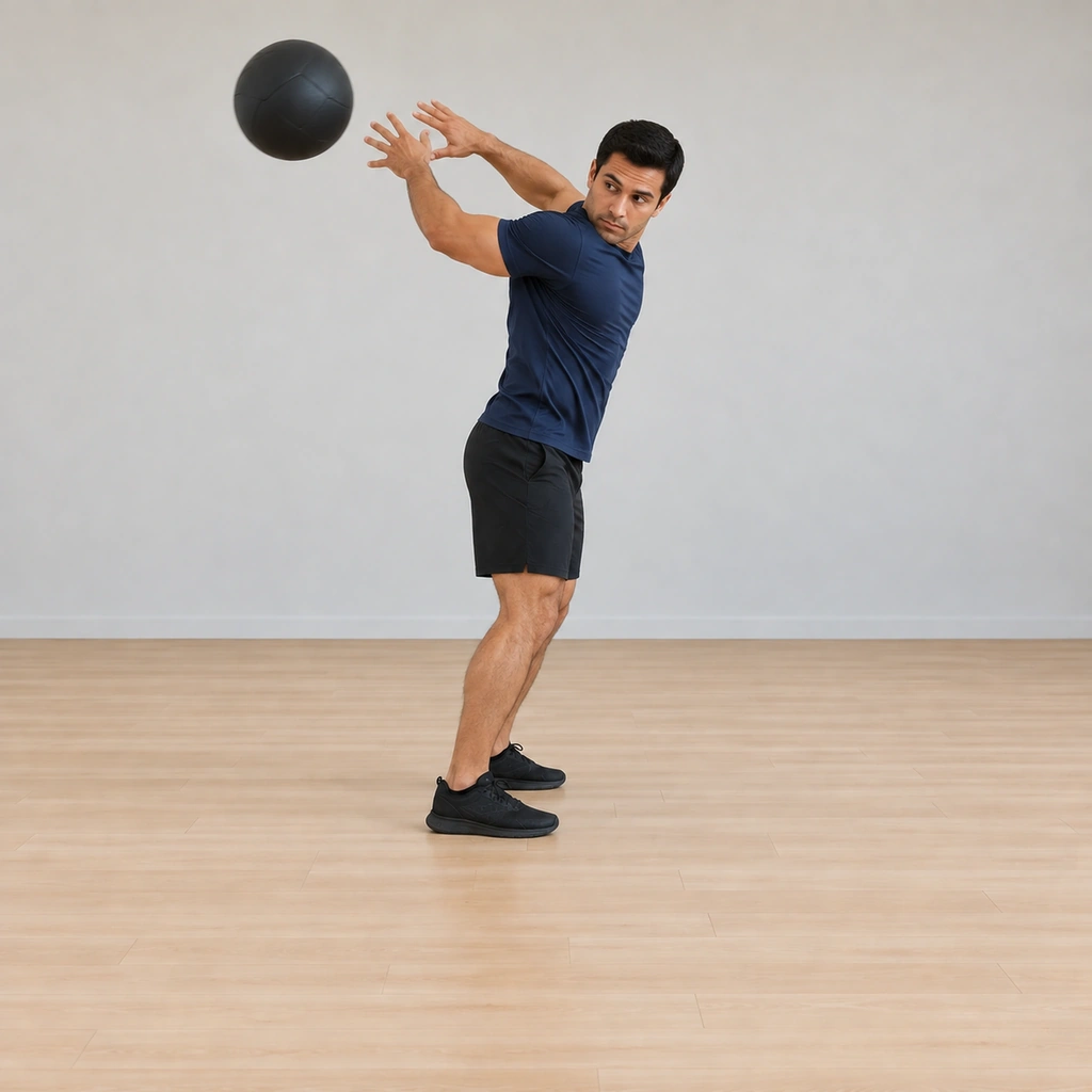 He is mid-heave: body tall and extending as the ball travels up past his right shoulder line, both arms carrying it over the shoulder, head turning slightly with the throw, the ball just leaving the hands behind the shoulder.