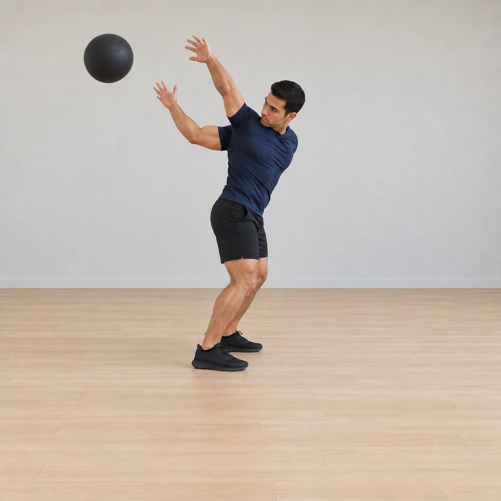 He has just released: arms finishing high over the shoulder line following the ball's backward arc, body tall facing the former direction, the ball gone behind him, head turning to track it before the turn.