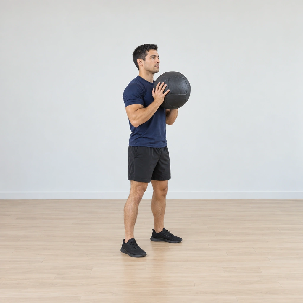 He stands tall with the dead ball held in both hands in front of his chest; his feet are planted shoulder-width and his trunk is upright.