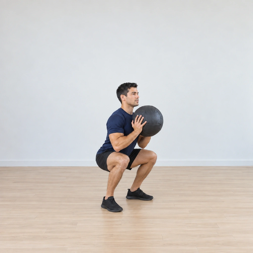 He sits into the deep squat: hips low, knees bent deep, the ball still cradled in front of his chest; his trunk stays tall over the squat.