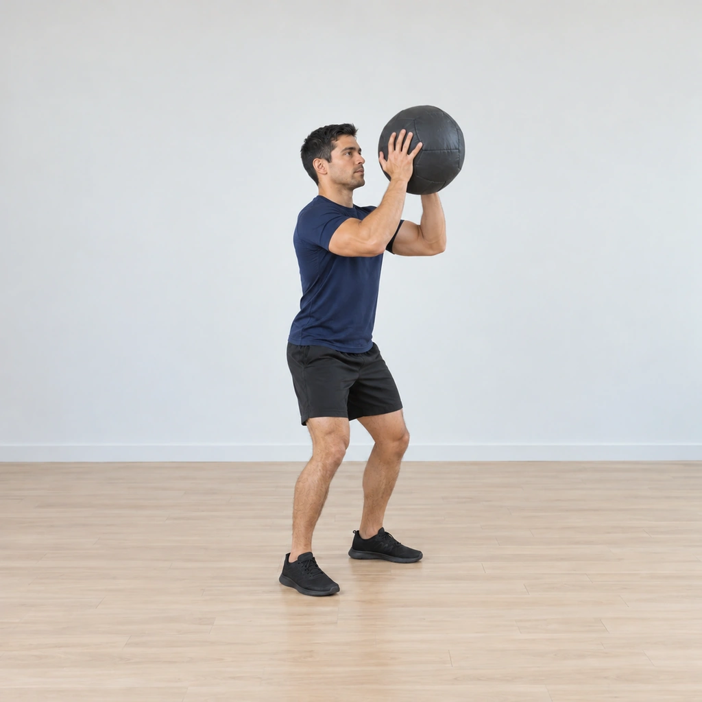 He is mid-drive: hips and legs extending powerfully out of the squat, the ball rising off the chest as the press begins in the same motion; his trunk is uprighting.