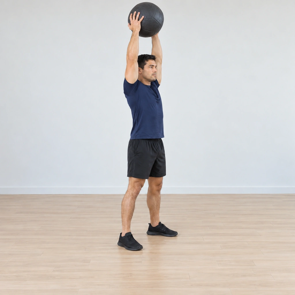 He stands tall with the dead ball pressed fully overhead: arms locked straight, the ball held above his head in both hands; his trunk is upright and his feet planted.