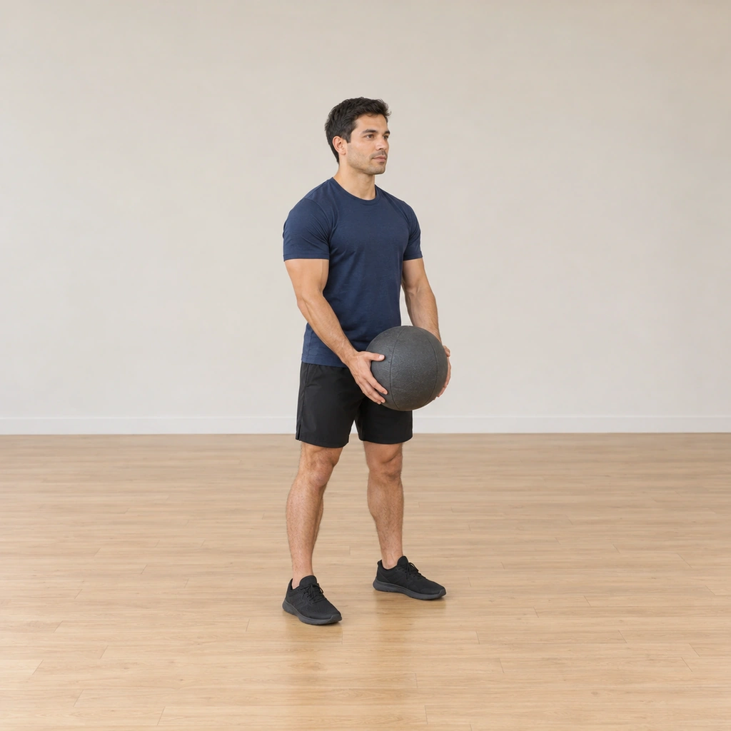 He stands in a solid stance holding the dead ball with both hands at hip level, torso square, head neutral.