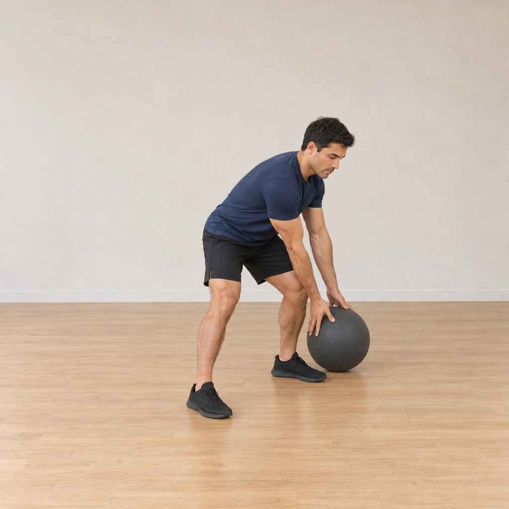 His torso is rotated to the left and the dead ball is slammed into the floor beside his left foot, both hands still on the ball.