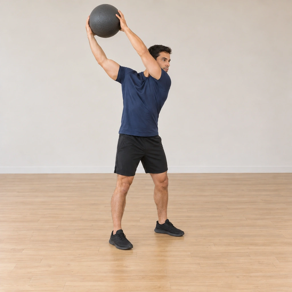 He is lifting the dead ball overhead in a large rainbow arc, arms extended and the ball at the top of its arc, torso squaring under it.