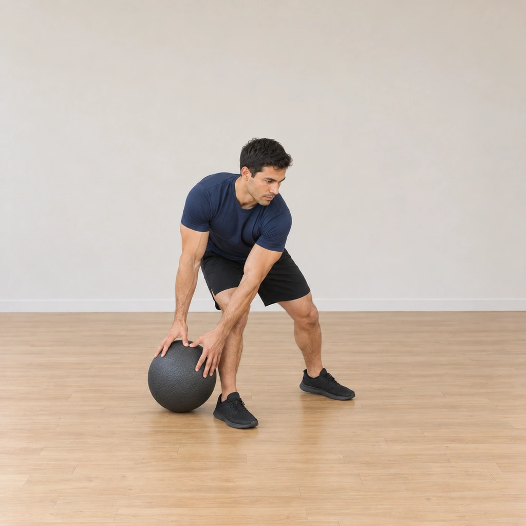 His torso is rotated to the right and the dead ball is slammed into the floor beside his right foot, both hands still on the ball.