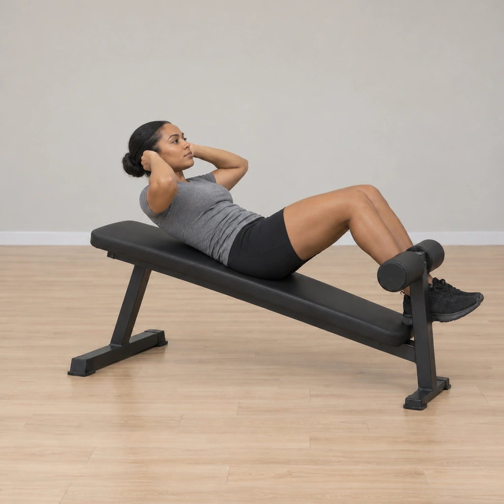 She is beginning the curl: the small of her back pressed into the pad while her shoulders start to roll off the bench.