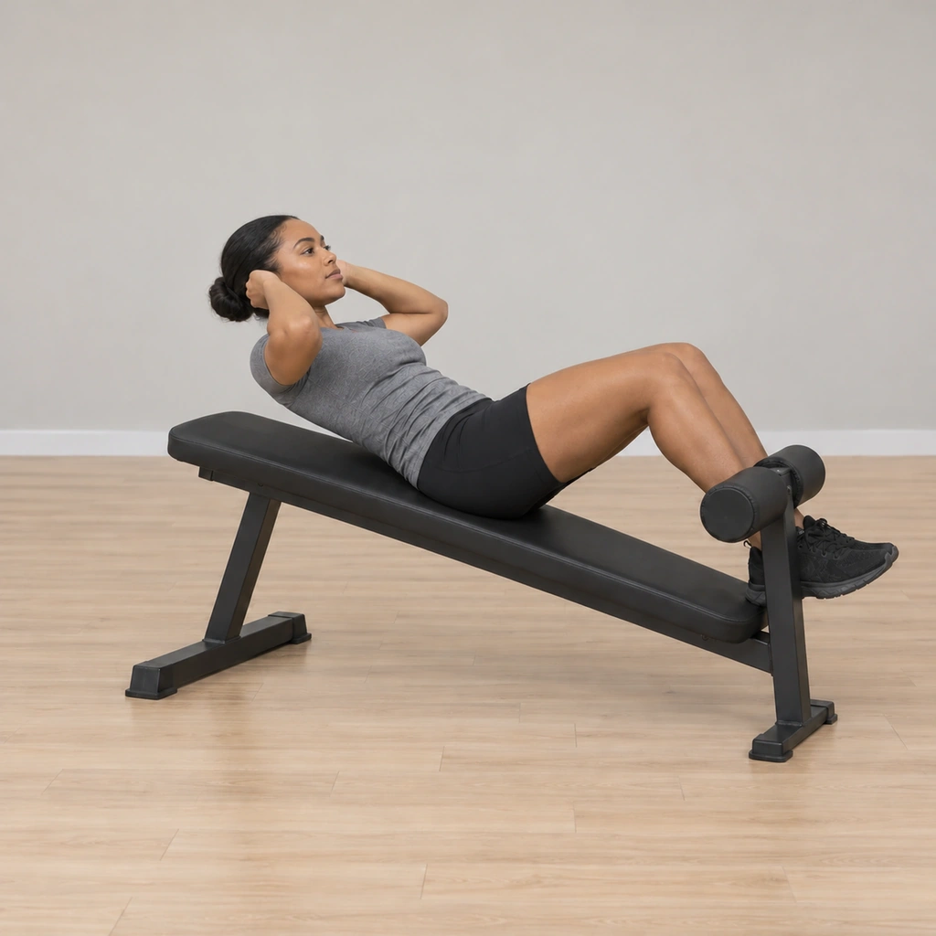 She is at the top of the curl: shoulders lifted about four inches, lower back still on the bench, abdominals contracted in the hold.