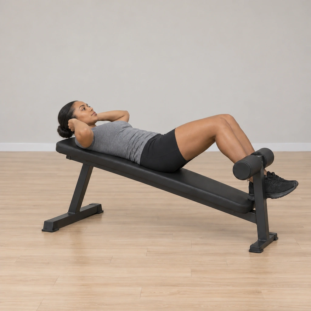 She is lowering slowly back toward the bench, shoulders descending under control, small of the back still pressed into the pad.