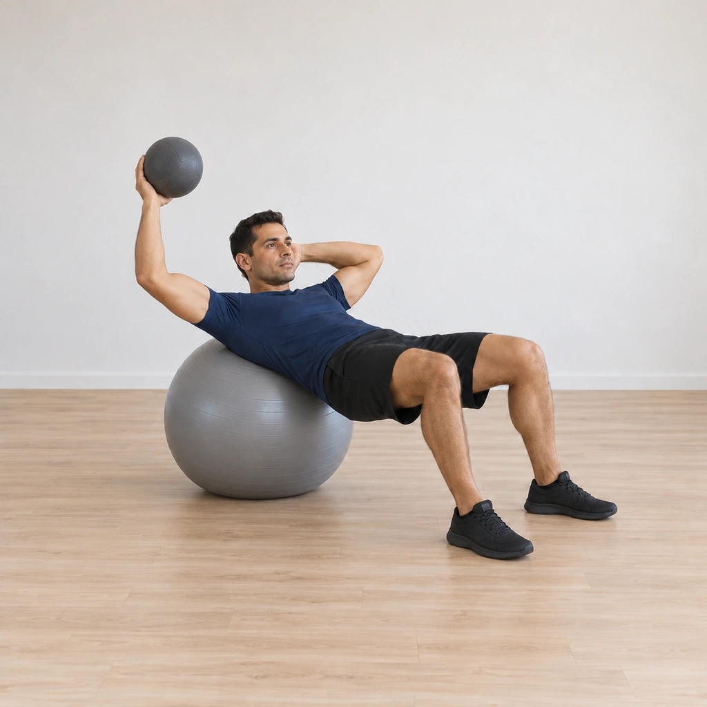 Bridged on the ball with his hips still elevated, he holds the medicine ball above his right shoulder in his right hand with the elbow bent, his left hand cupped behind his head supporting it, his chin level and his core engaged.