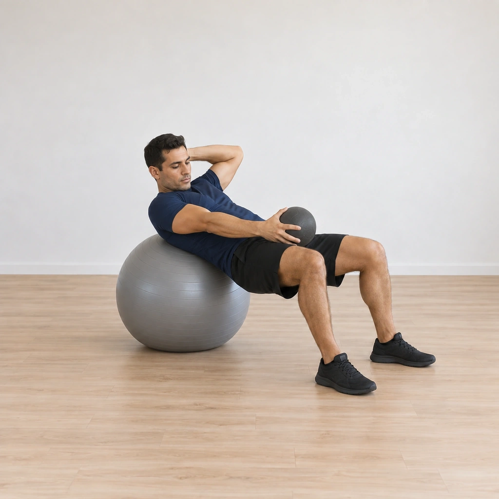 His torso has rotated diagonally so the medicine ball in his right hand has travelled down across his chest toward his left hip, his trunk turned with the movement, his left hand still behind his head, his hips still held level on the ball.