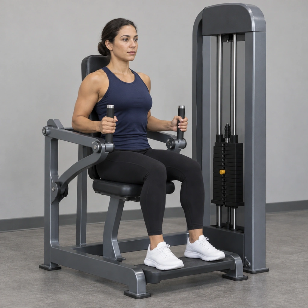 A woman seated in a dip machine, gripping its handles with her elbows bent in at her sides.