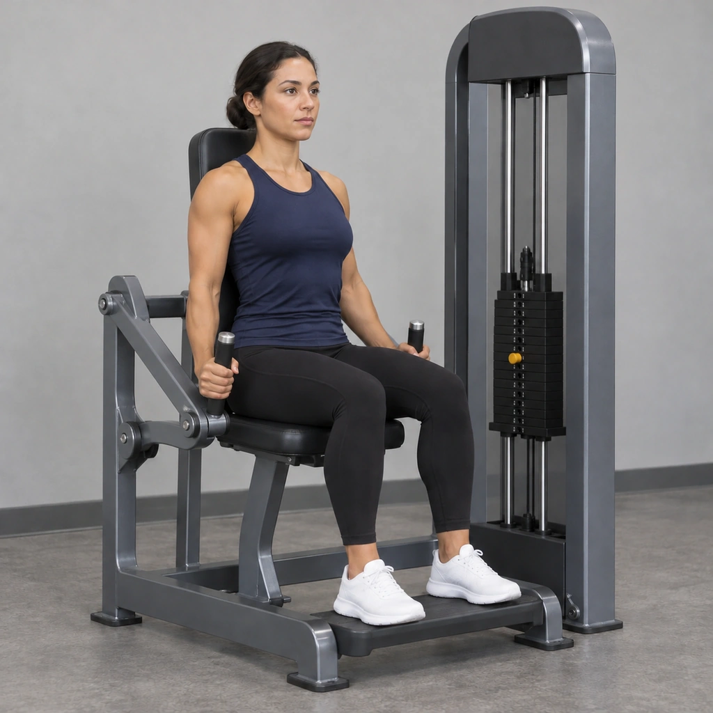 The same woman, now with both arms extended straight down at her sides, a slight bend held at the elbows.