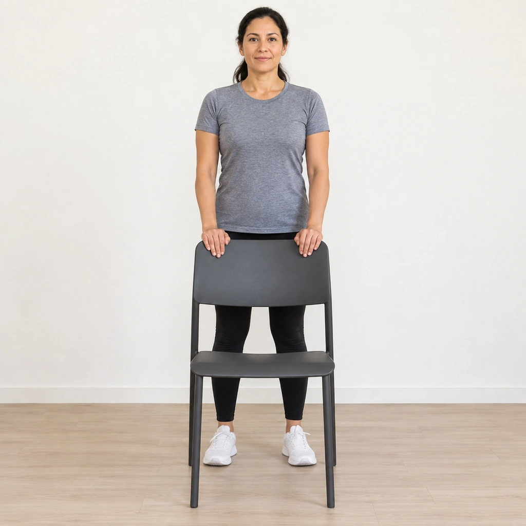 A woman standing upright behind a plain chair, both feet flat on the floor hip-width apart, both hands resting flat on the chair's back rail.