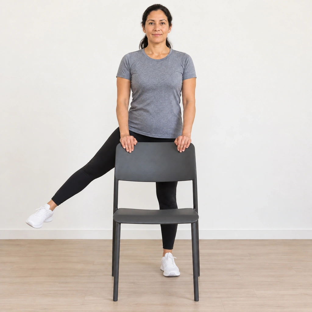 The same woman standing behind the chair with her straight right leg lifted out to the side, her left leg straight and weight-bearing, both hands still flat on the chair back.