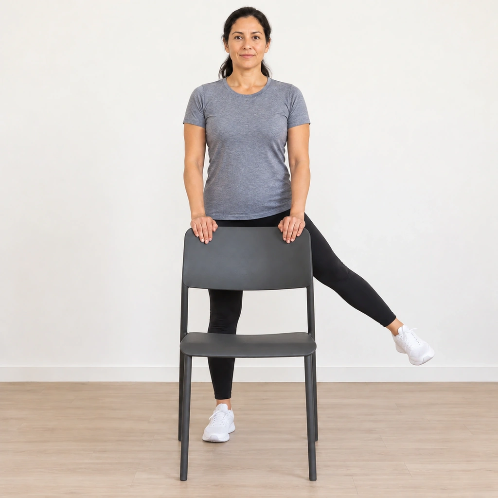 The same woman standing behind the chair with her straight left leg lifted out to the side, her right leg straight and weight-bearing, both hands still flat on the chair back.
