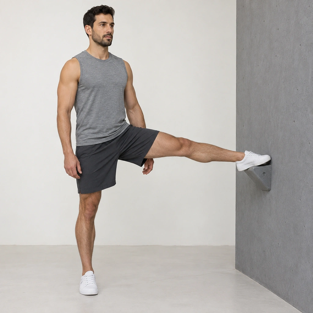 A man standing side-on to a training wall, his left foot lifted sideways and resting flat on a raised foothold, both legs straight, his trunk upright.
