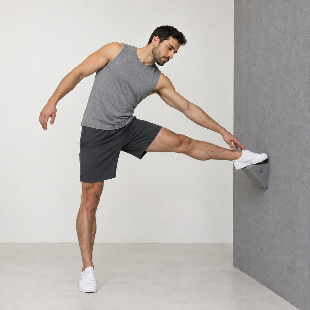 The same man, his left foot still on the foothold, now bending his trunk sideways to the left and reaching his left hand down toward the raised foot without gripping it.