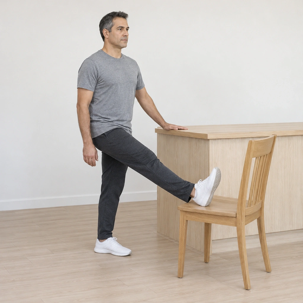 A man standing beside a worksurface, his right leg raised straight out in front with the heel on top of a chair, his left standing leg straight and his left hand flat on the worksurface.