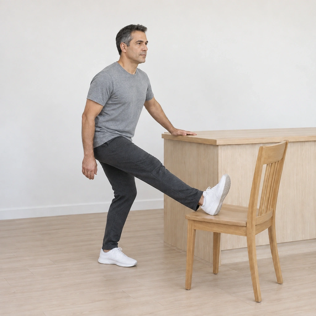 The same man with his right heel still on the chair and his right leg straight, now leaning slightly forward with his left standing knee visibly bent.