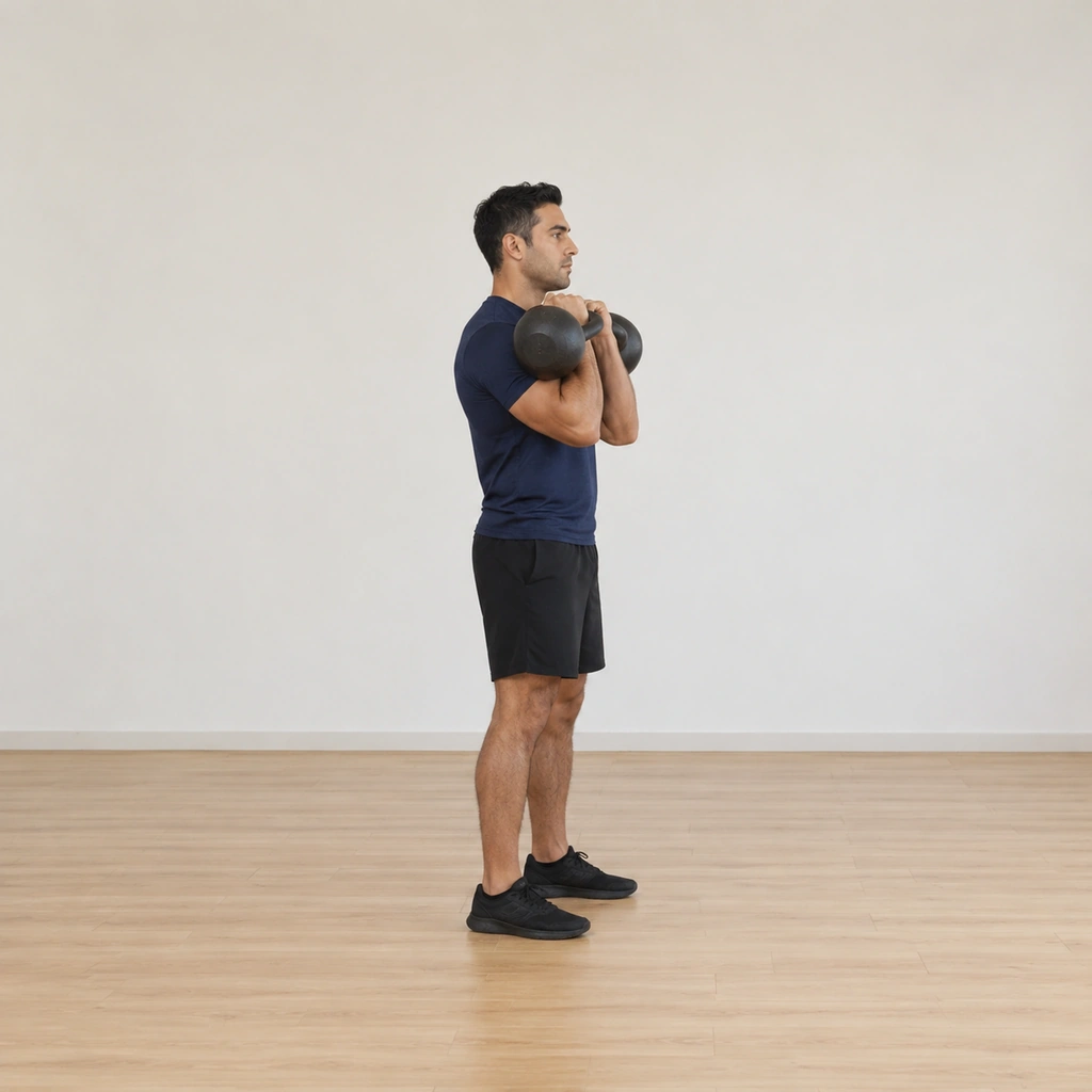 He stands tall in the rack: a kettlebell resting at each shoulder, elbows tucked, hands on the handles, feet planted shoulder-width, torso upright.