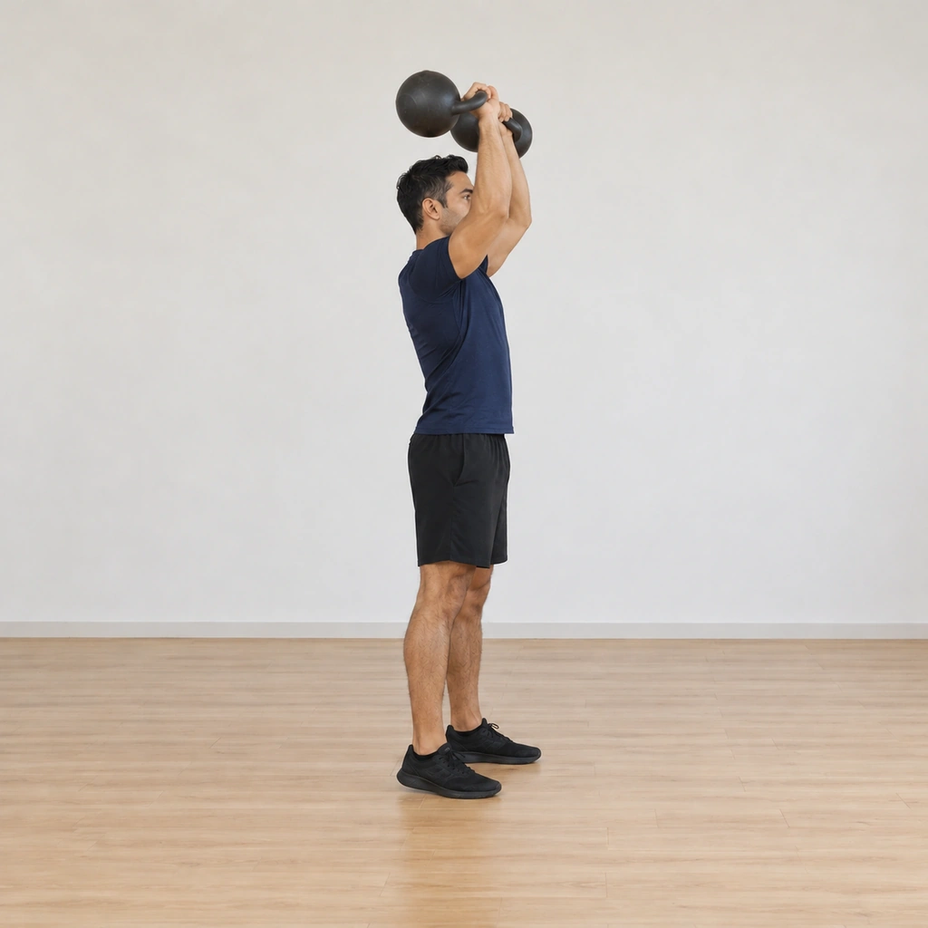 He is mid-drive: legs extending explosively through the heels, the two bells launching off his shoulders, his arms beginning the press, torso still upright.