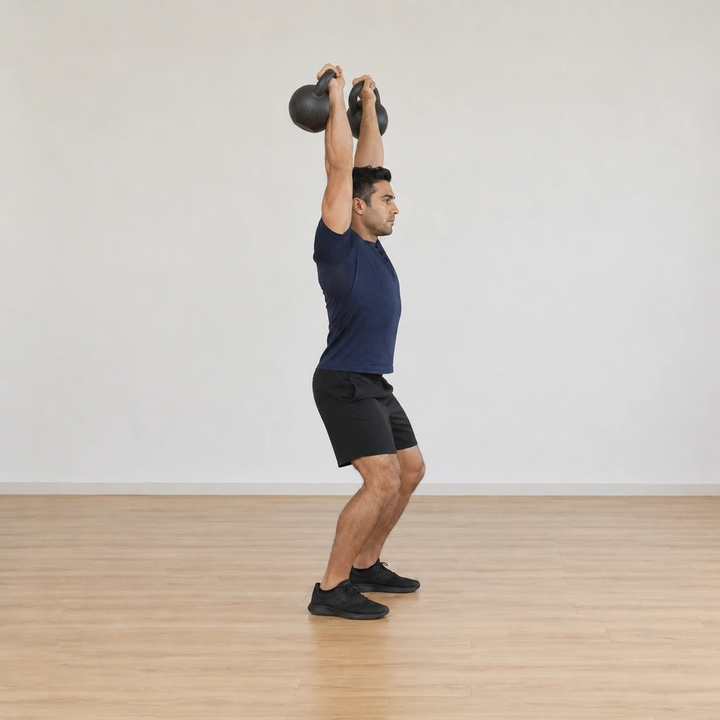 He is at the lockout dip: knees re-bent under him as both kettlebells sit locked at arm's length overhead, elbows extended, torso upright, eyes forward.