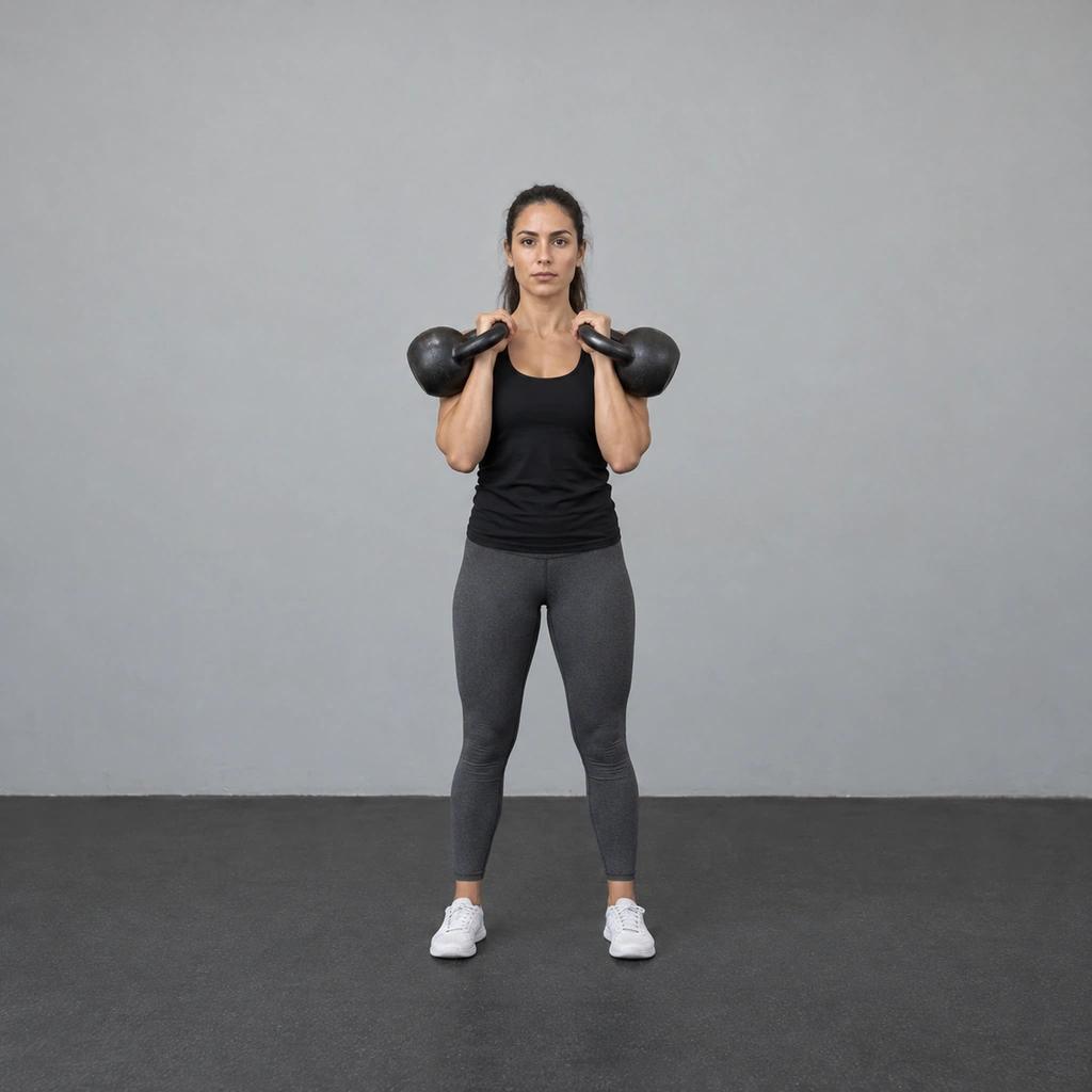 A woman standing tall, two kettlebells racked at her shoulders, forearms vertical.