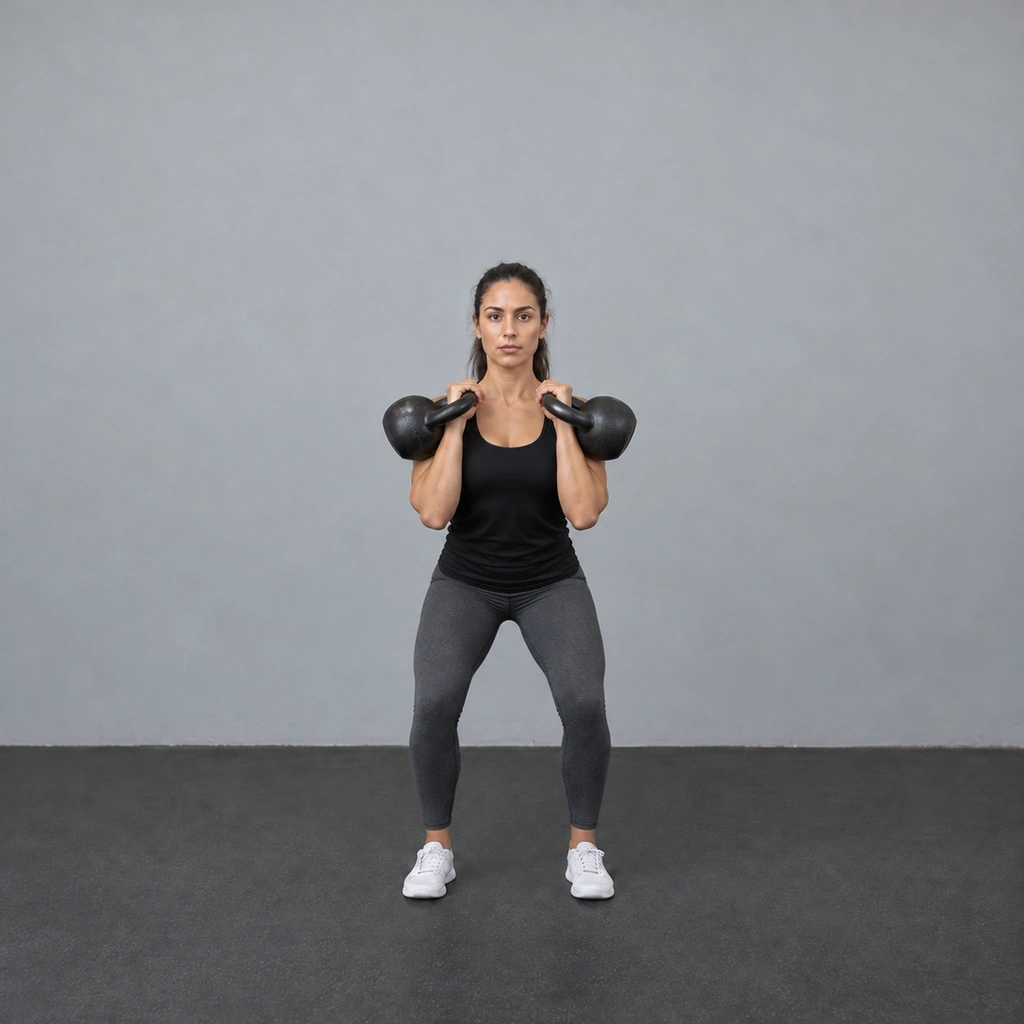 The same woman, now lower in a shallow dip, knees and hips bent, the kettlebells still racked at her shoulders.