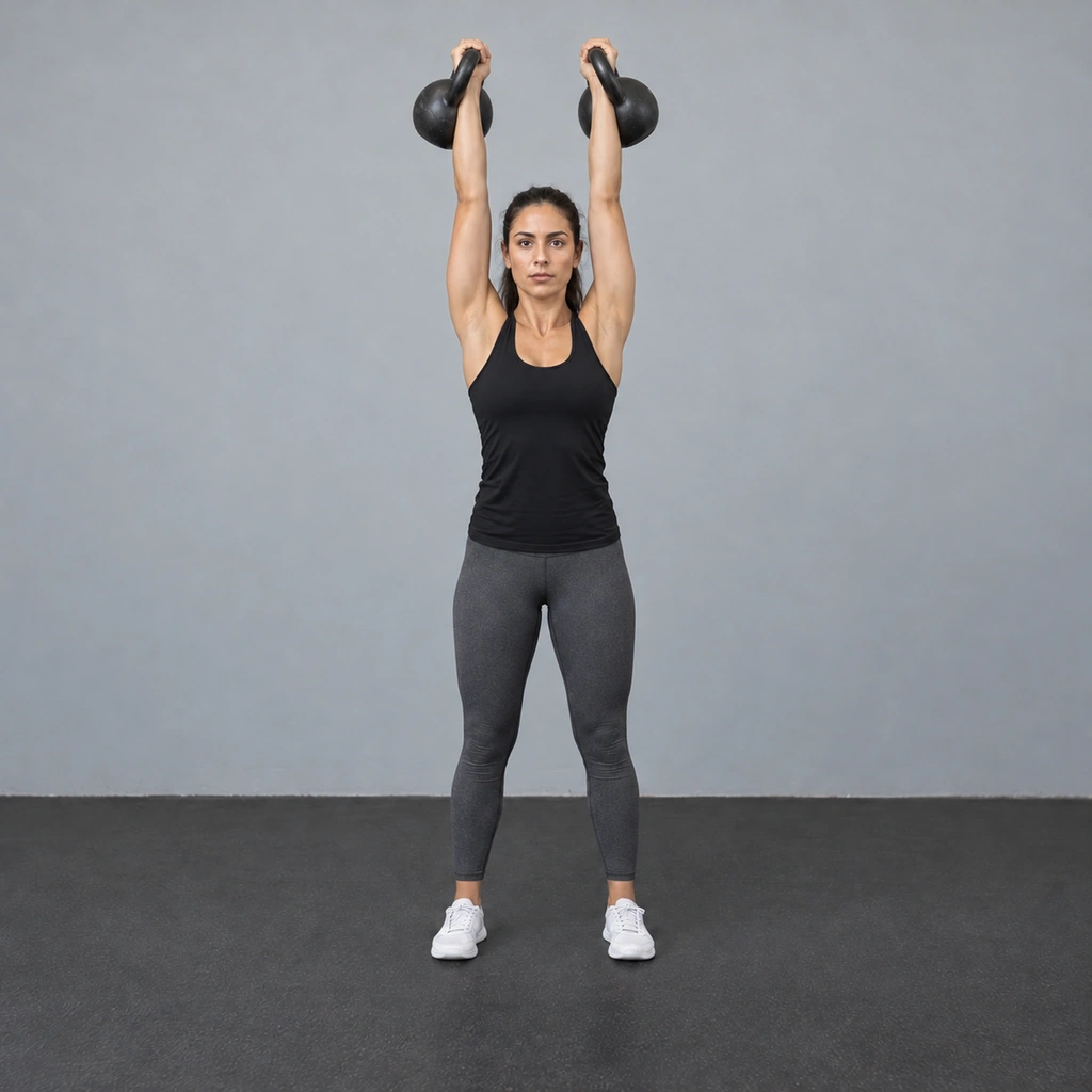 The same woman, standing tall again, both kettlebells now locked out straight overhead.