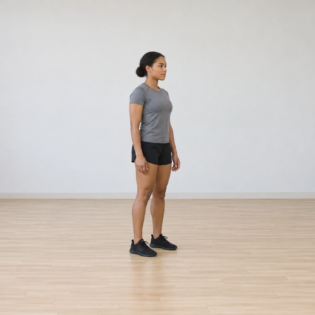 She stands tall with her knees slightly bent, arms relaxed close to the body, ready to jump.