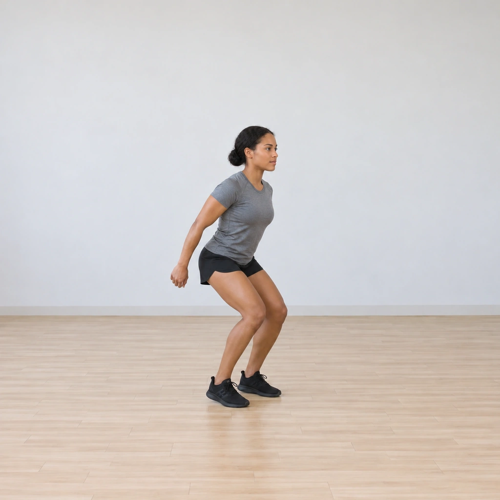 She has dropped into a quick shallow squat, hips and knees flexed, body loading to extend straight up.