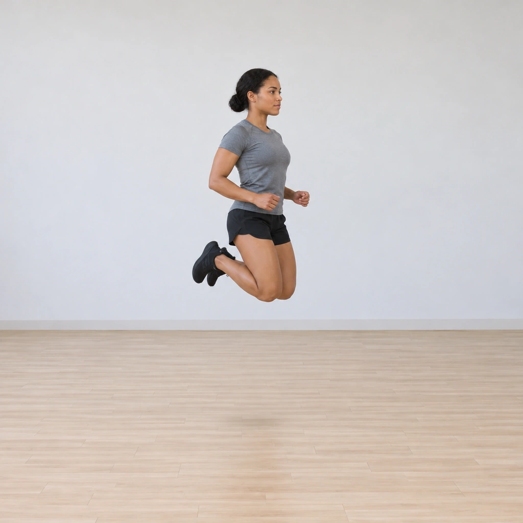 She is airborne at maximum height with both knees flexed so both heels tuck up toward her buttocks, her body extended upward.