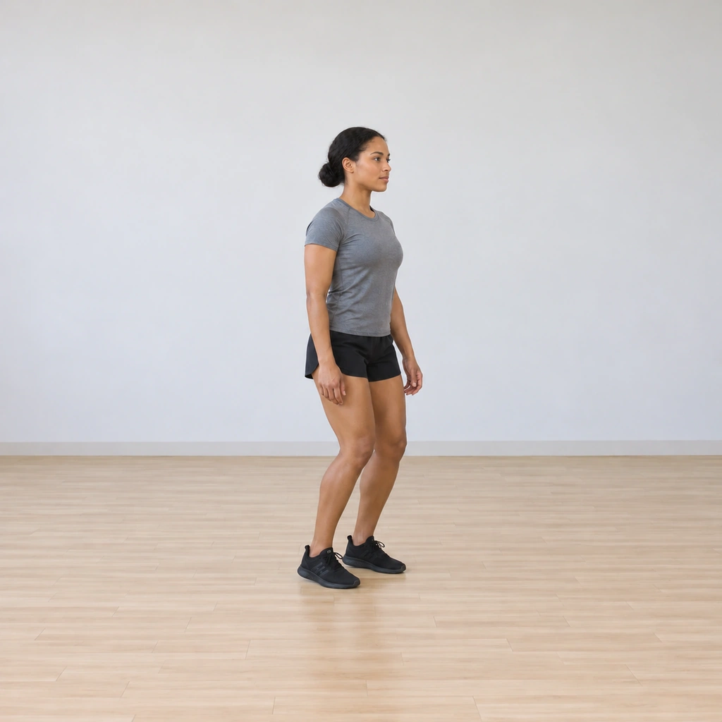 She is landing on both feet with her knees only partially bent, legs absorbing the impact, body upright.