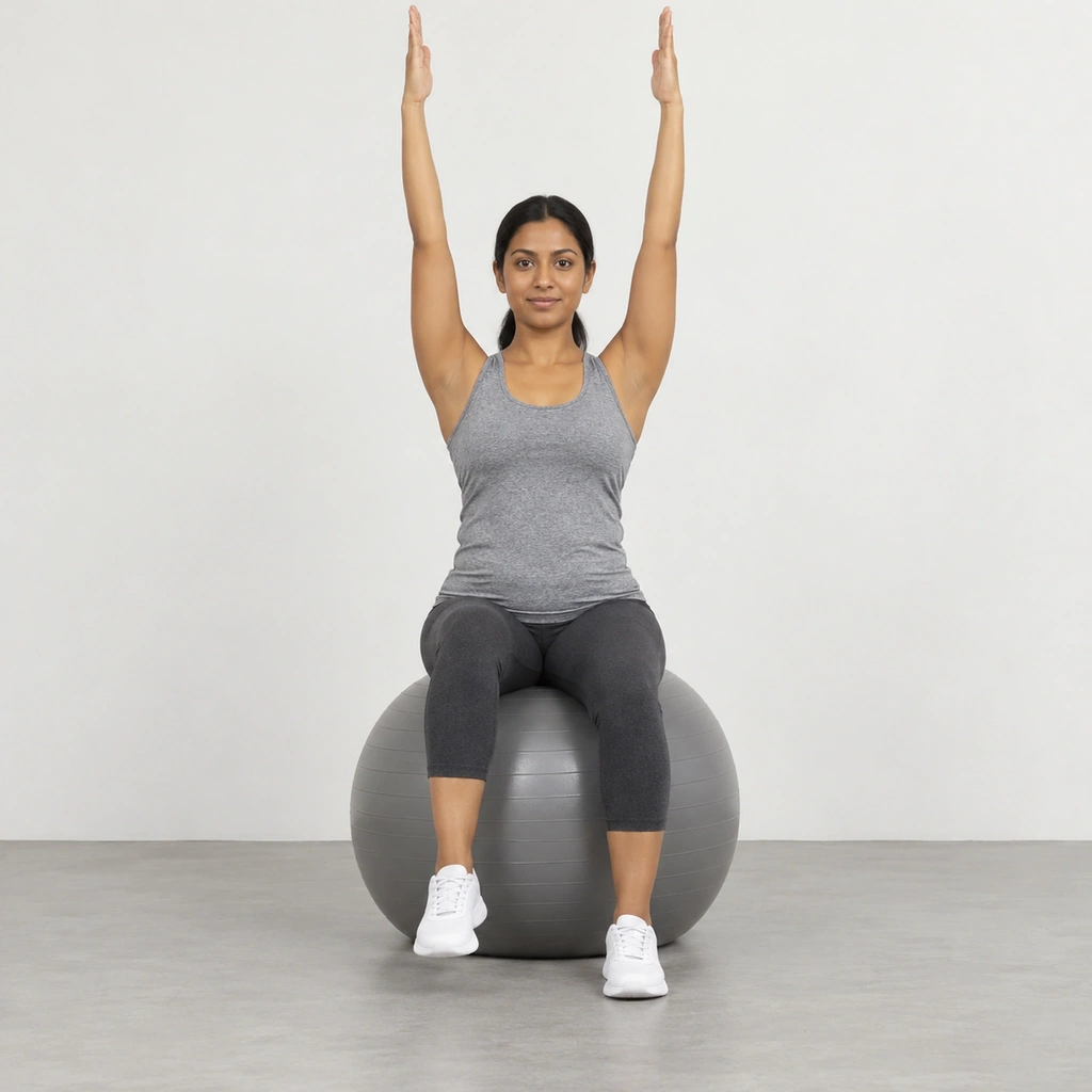 A woman sitting upright on a large gym ball with both arms reaching straight overhead and her right foot lifted a little off the floor, her left foot still flat on the floor.