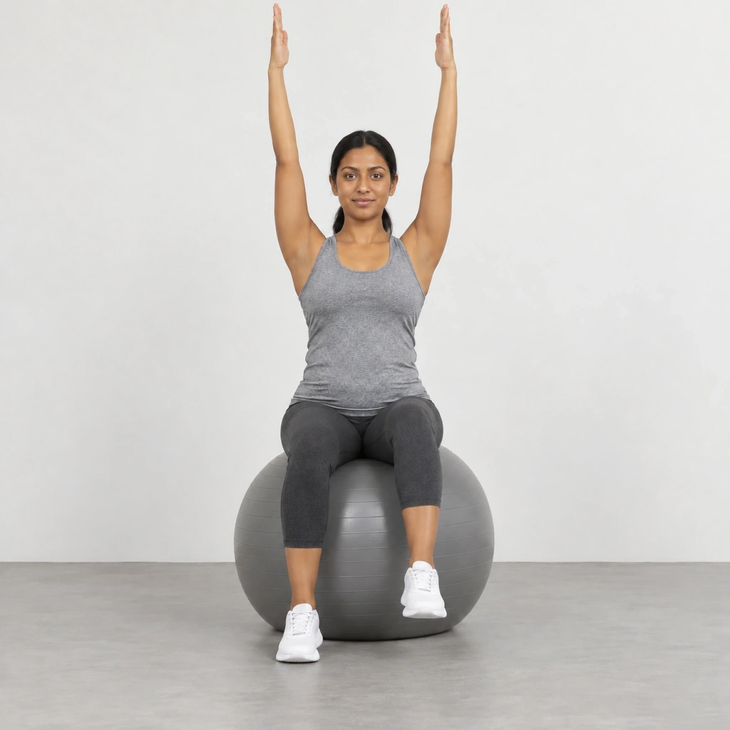 The same woman sitting upright on the gym ball with both arms reaching straight overhead and her left foot lifted a little off the floor, her right foot now flat on the floor.