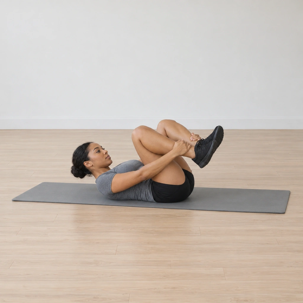 She lies supine with her knees drawn into her chest, both hands grabbing her ankles and her head and chest curled up off the mat.