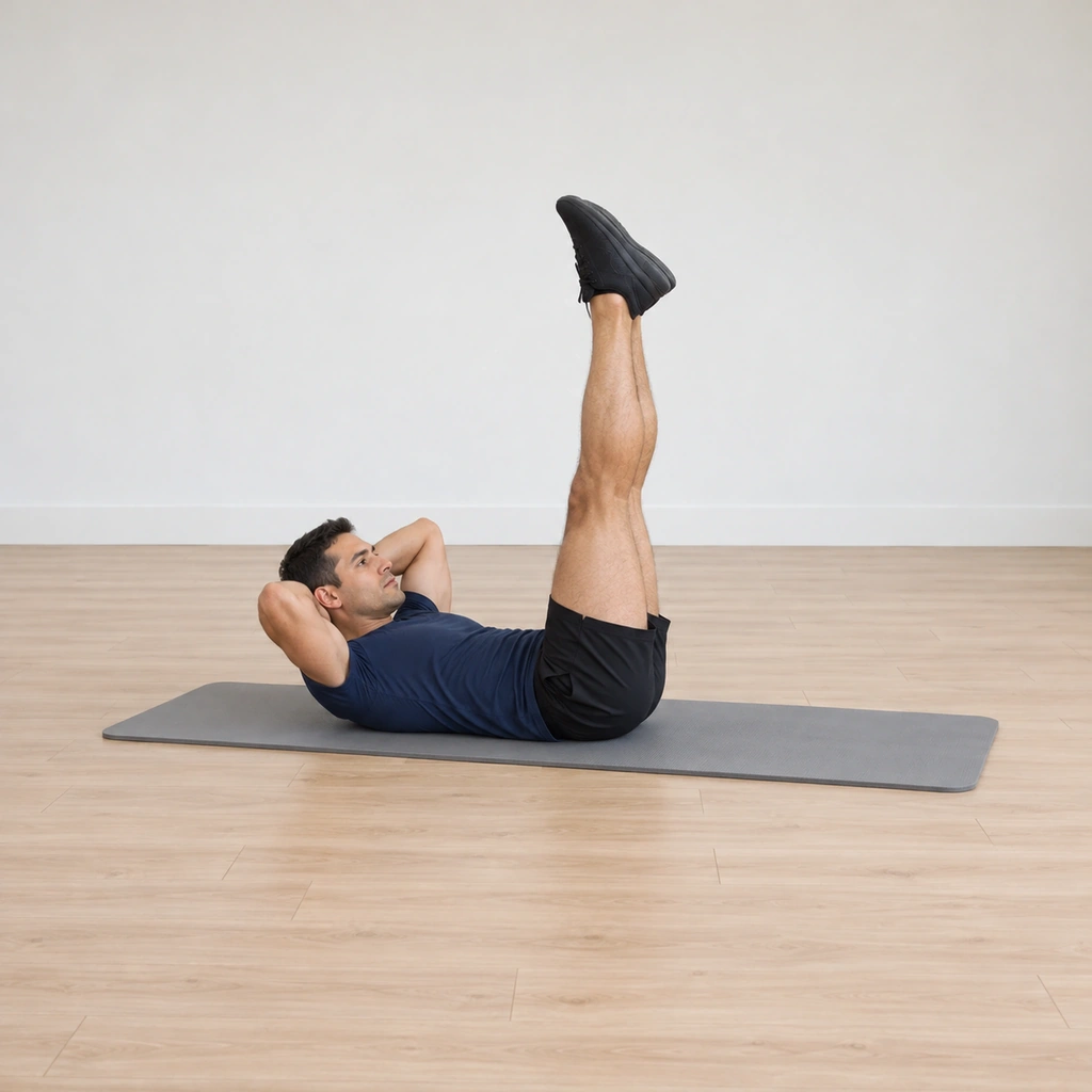 He lies supine curled up with his hands interlaced behind his head, both straight legs reaching to the ceiling.