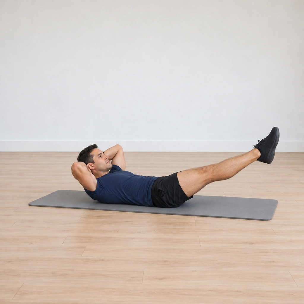 Both his straight legs lower toward the floor as one unit, his curl and interlaced hands held steady against the descent.