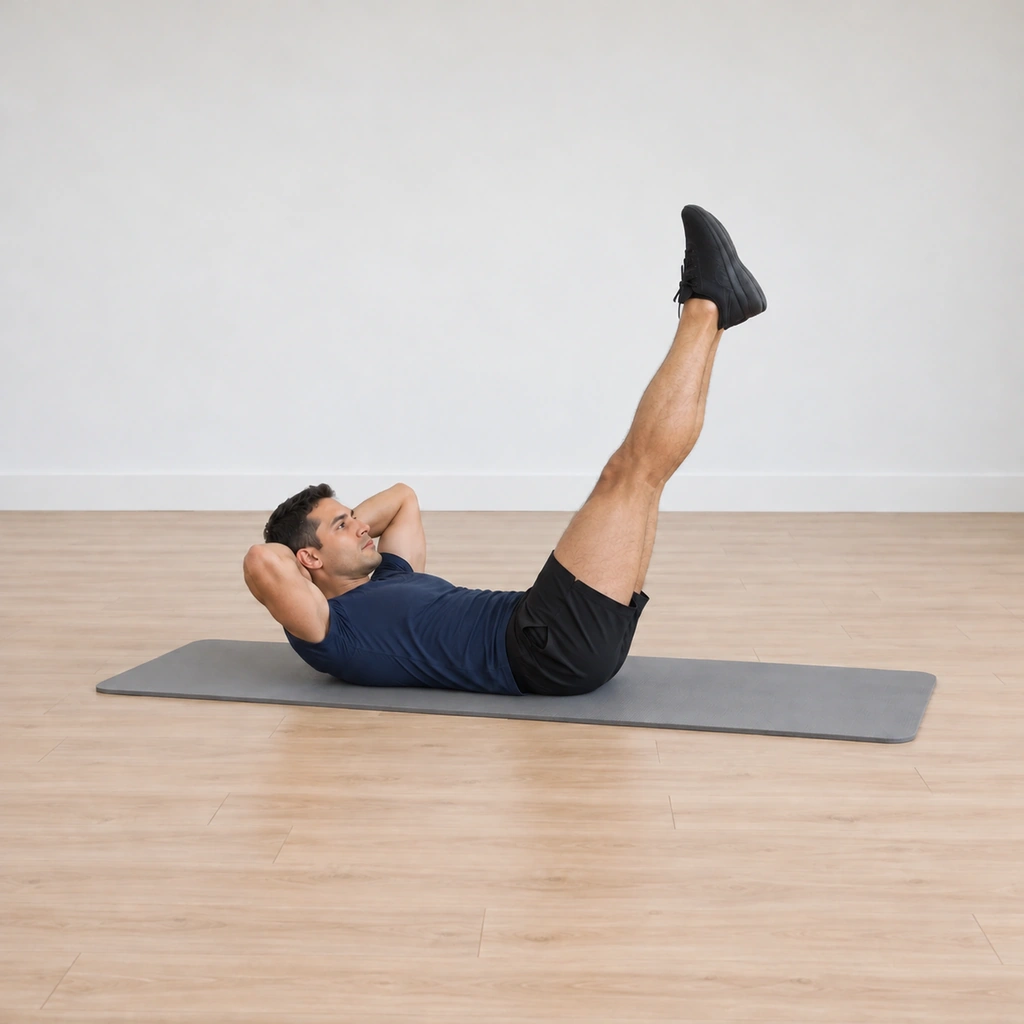 Both his straight legs lift back up toward the ceiling, his curled shape steady through the rising lever.