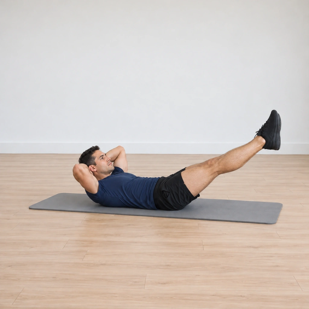 Both his straight legs are captured lowered only partway toward the floor before rising, his curl held through the shorter lever.