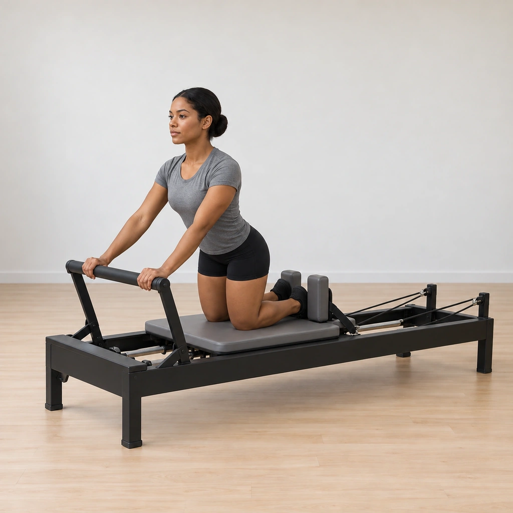 The carriage is drawing home under her resistance, her heels pressing back into the shoulder blocks while her chest stays open and her spine stays long.