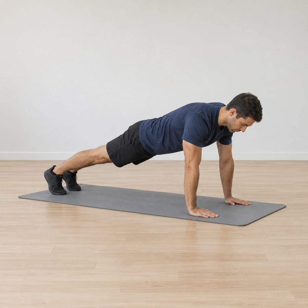 He is in a full push-up plank on the mat, his hands flat under his shoulders, his legs extended behind on his toes, his body in one stiff line with the head aligned with the spine.