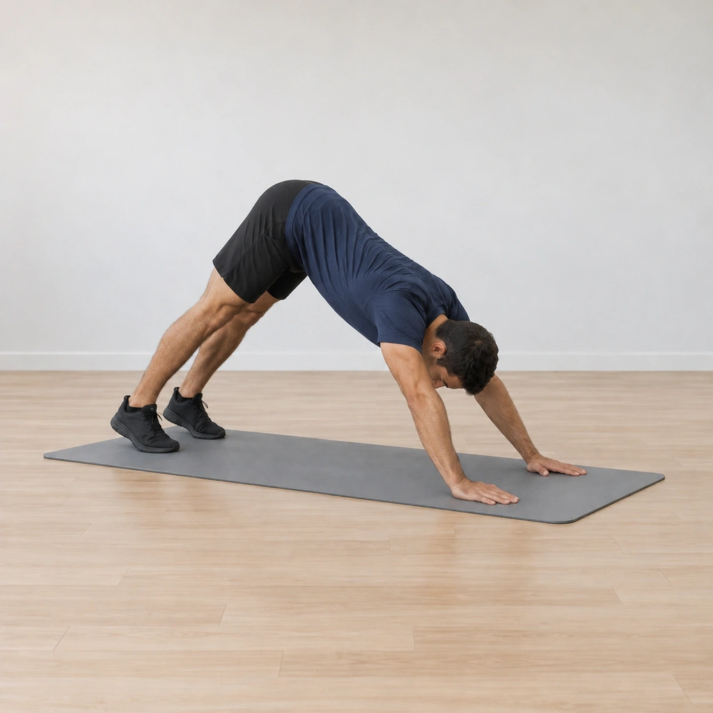 He is midway into the pose, his hips lifting and travelling backwards over his feet, his arms still extended and his legs straight, the body beginning to fold into the inverted angle with the head starting between the shoulders.